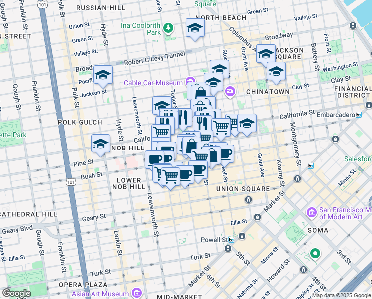 map of restaurants, bars, coffee shops, grocery stores, and more near 985 Pine Street in San Francisco