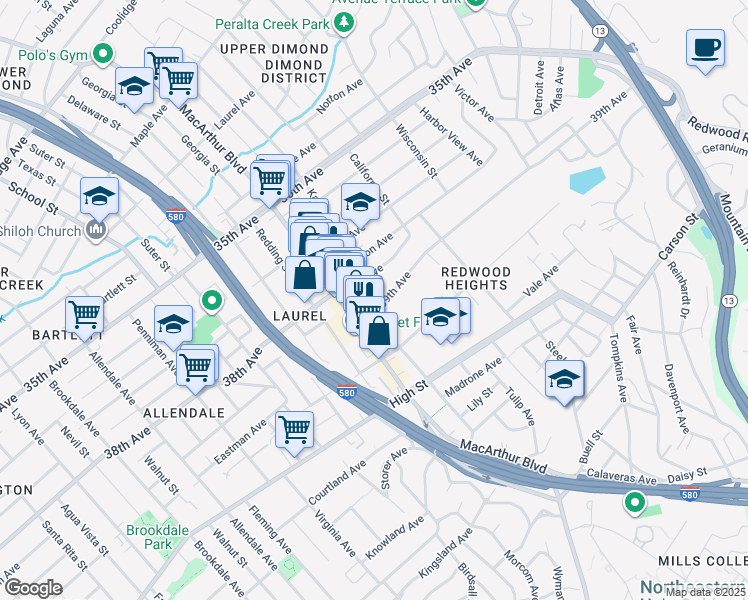 map of restaurants, bars, coffee shops, grocery stores, and more near 3669 39th Avenue in Oakland