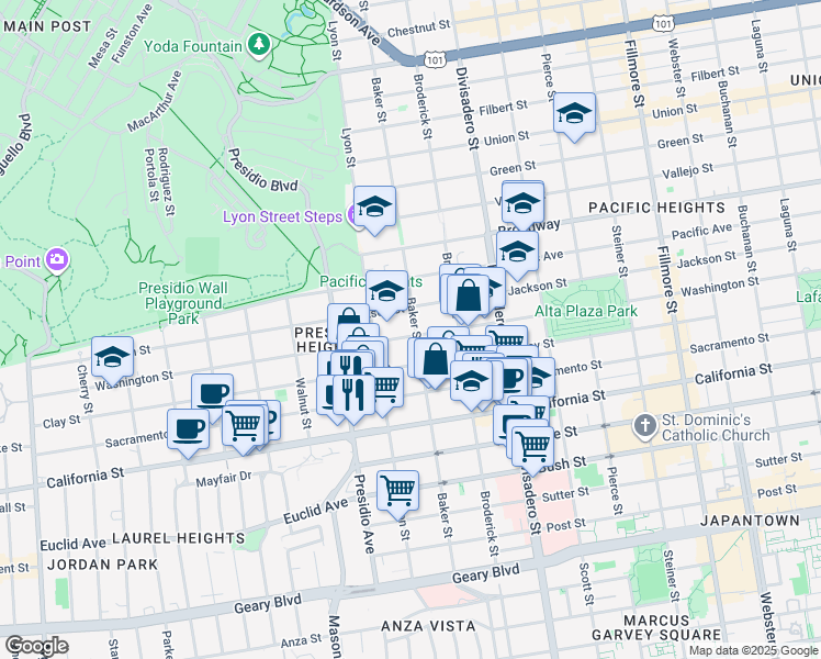 map of restaurants, bars, coffee shops, grocery stores, and more near 3011 Jackson Street in San Francisco