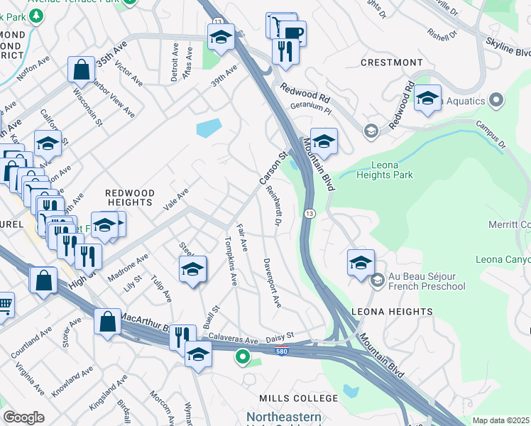 map of restaurants, bars, coffee shops, grocery stores, and more near 4452 Davenport Avenue in Oakland
