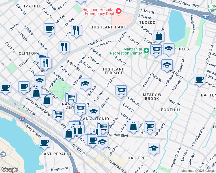 map of restaurants, bars, coffee shops, grocery stores, and more near 2118 21st Avenue in Oakland