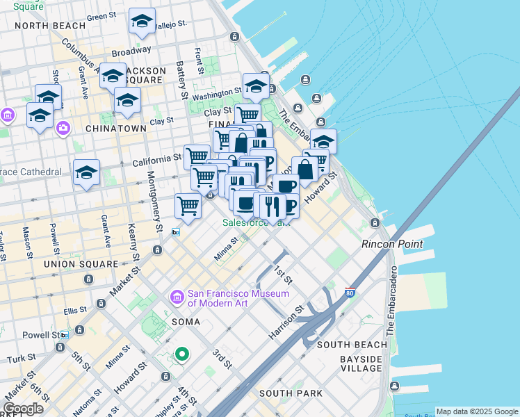 map of restaurants, bars, coffee shops, grocery stores, and more near 301 Mission Street in San Francisco