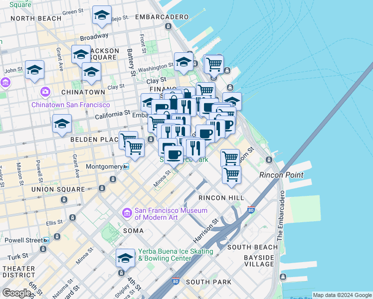 map of restaurants, bars, coffee shops, grocery stores, and more near 301 Mission Street in San Francisco