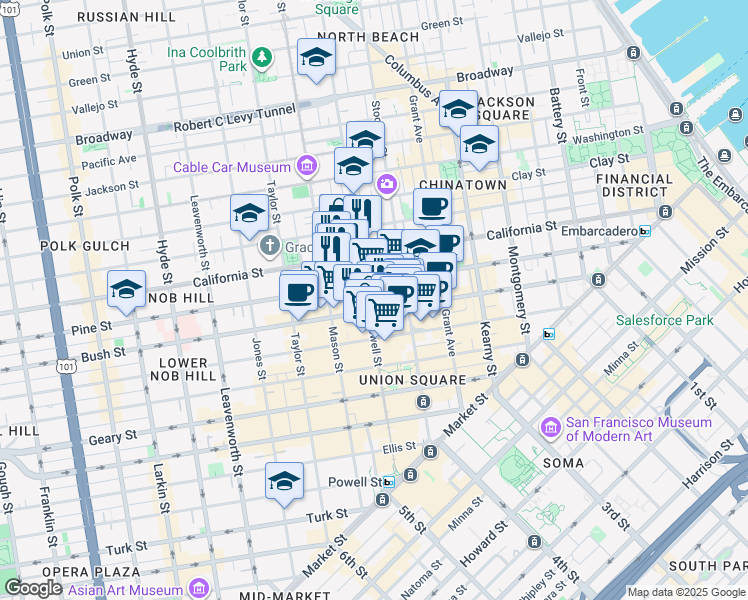 map of restaurants, bars, coffee shops, grocery stores, and more near 626 Powell Street in San Francisco