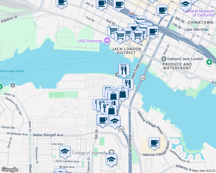 map of restaurants, bars, coffee shops, grocery stores, and more near 2868 5th Street in Alameda