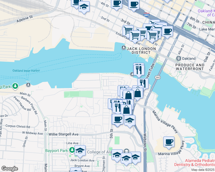 map of restaurants, bars, coffee shops, grocery stores, and more near 2499 Marina Village Pkwy in Alameda