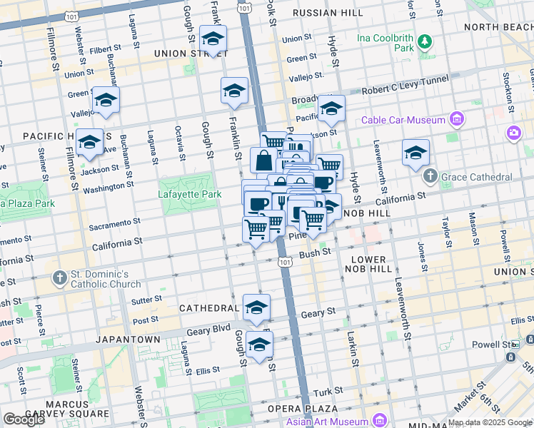 map of restaurants, bars, coffee shops, grocery stores, and more near 1750 Van Ness Avenue in San Francisco