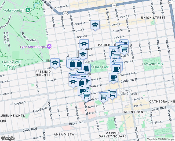 map of restaurants, bars, coffee shops, grocery stores, and more near 2301 Scott Street in San Francisco