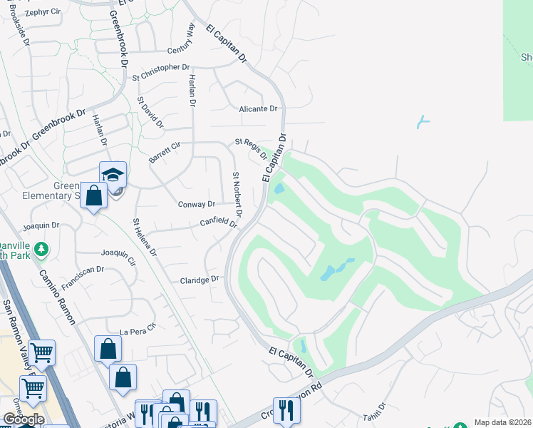 map of restaurants, bars, coffee shops, grocery stores, and more near 1818 Saint George Road in Danville