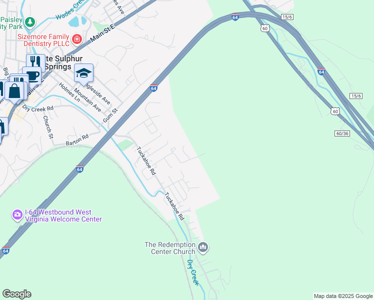 map of restaurants, bars, coffee shops, grocery stores, and more near 289 Woodlawn Street in White Sulphur Springs