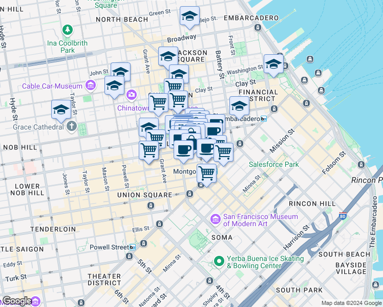 map of restaurants, bars, coffee shops, grocery stores, and more near 333 Bush Street in San Francisco