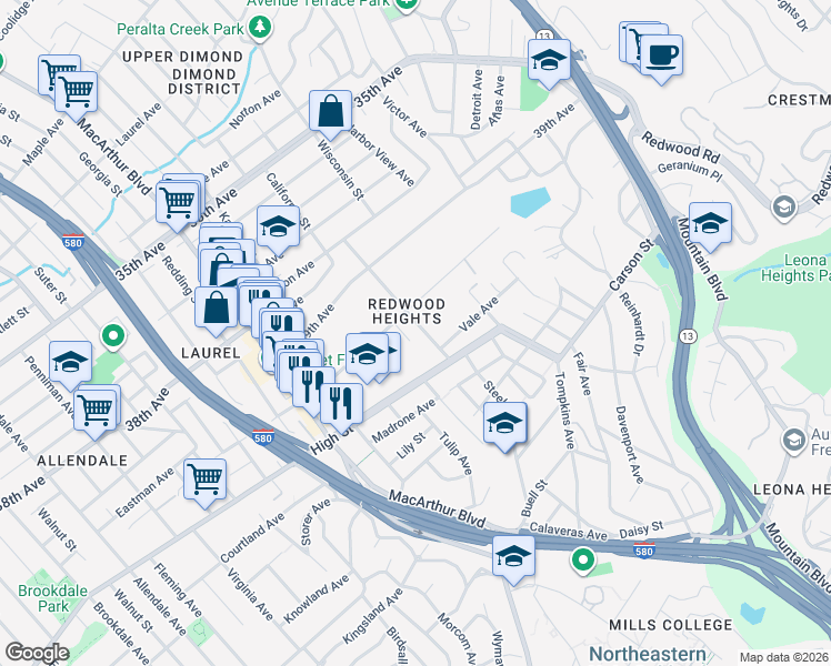 map of restaurants, bars, coffee shops, grocery stores, and more near 4131 Bayo Street in Oakland