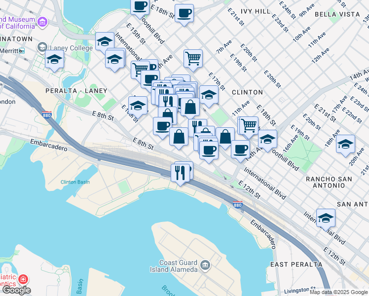 map of restaurants, bars, coffee shops, grocery stores, and more near 1024 East 11th Street in Oakland