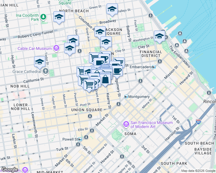 map of restaurants, bars, coffee shops, grocery stores, and more near 237 Kearny Street in San Francisco