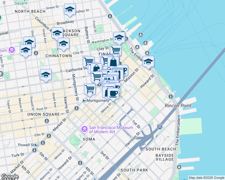 map of restaurants, bars, coffee shops, grocery stores, and more near 50 Fremont Street in San Francisco