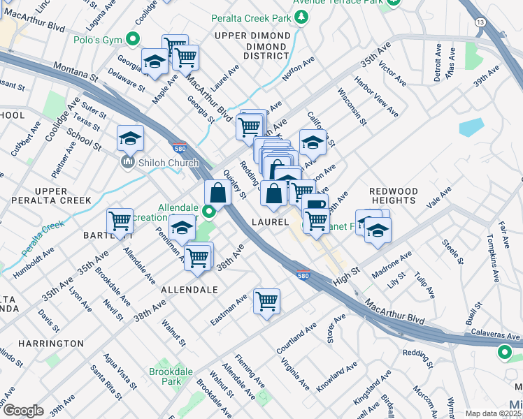 map of restaurants, bars, coffee shops, grocery stores, and more near 3718 Quigley Street in Oakland