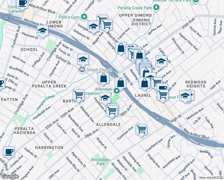 map of restaurants, bars, coffee shops, grocery stores, and more near 3311 Octavia Street in Oakland