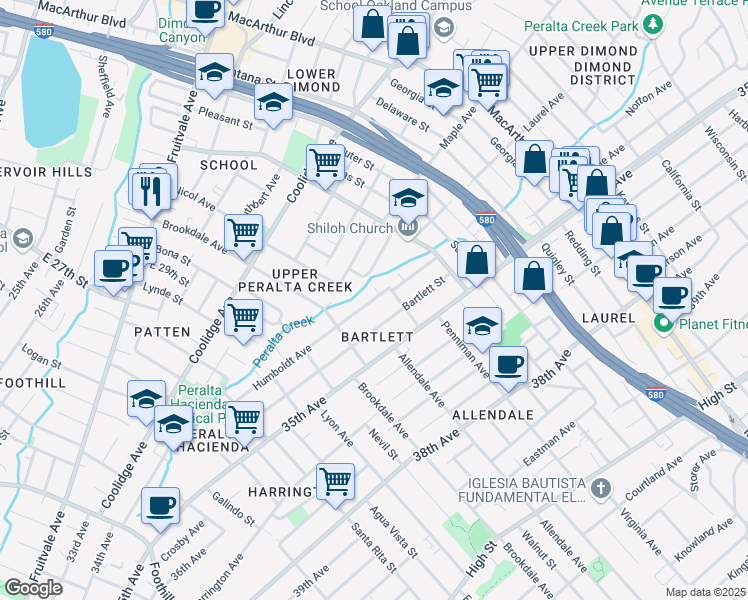 map of restaurants, bars, coffee shops, grocery stores, and more near 2737 Humboldt Avenue in Oakland