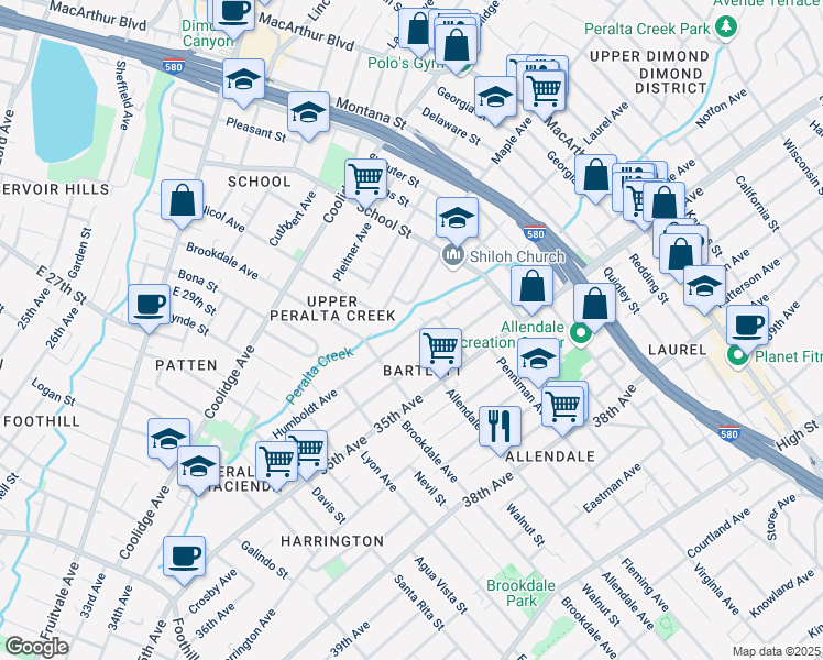 map of restaurants, bars, coffee shops, grocery stores, and more near 2737 Humboldt Avenue in Oakland