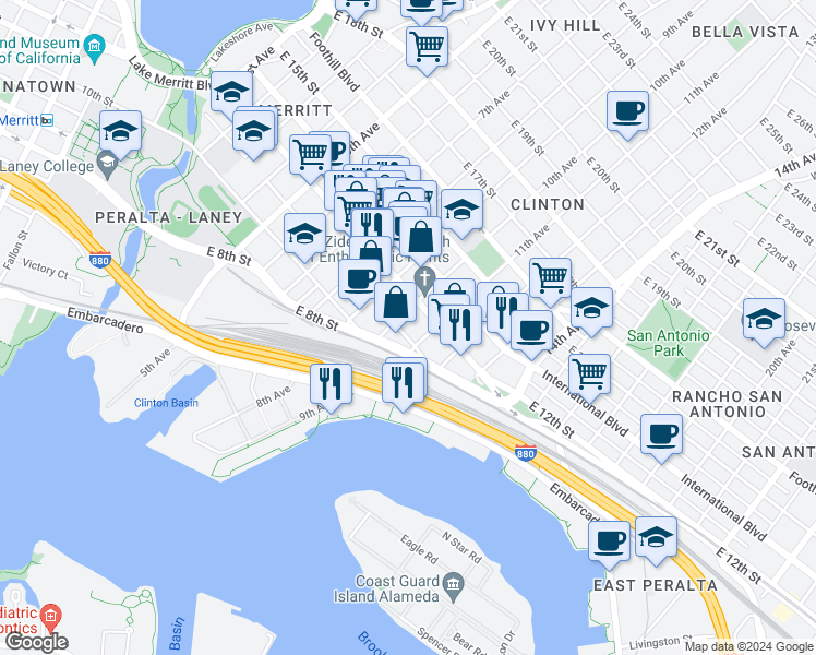 map of restaurants, bars, coffee shops, grocery stores, and more near 954 East 11th Street in Oakland