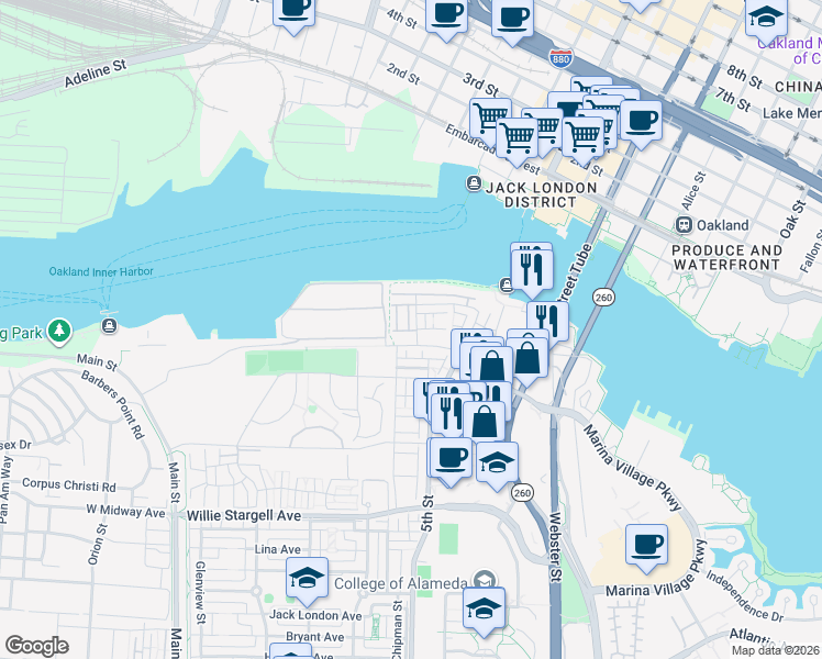 map of restaurants, bars, coffee shops, grocery stores, and more near 2499 Marina Village Pkwy in Alameda
