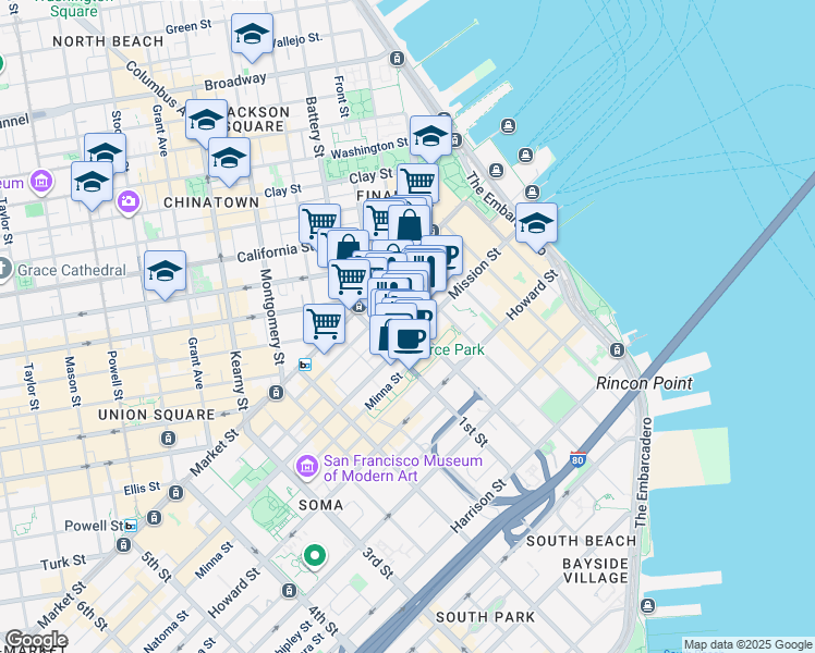 map of restaurants, bars, coffee shops, grocery stores, and more near 99 Fremont Street in San Francisco