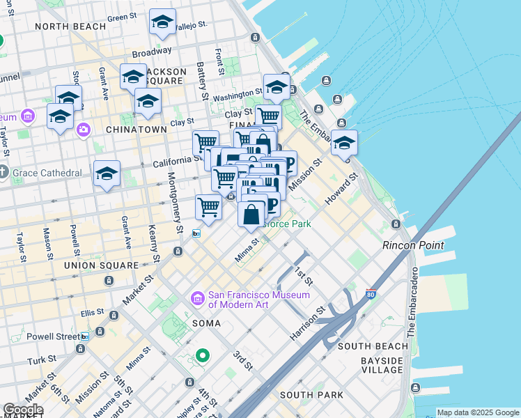 map of restaurants, bars, coffee shops, grocery stores, and more near 99 Fremont Street in San Francisco