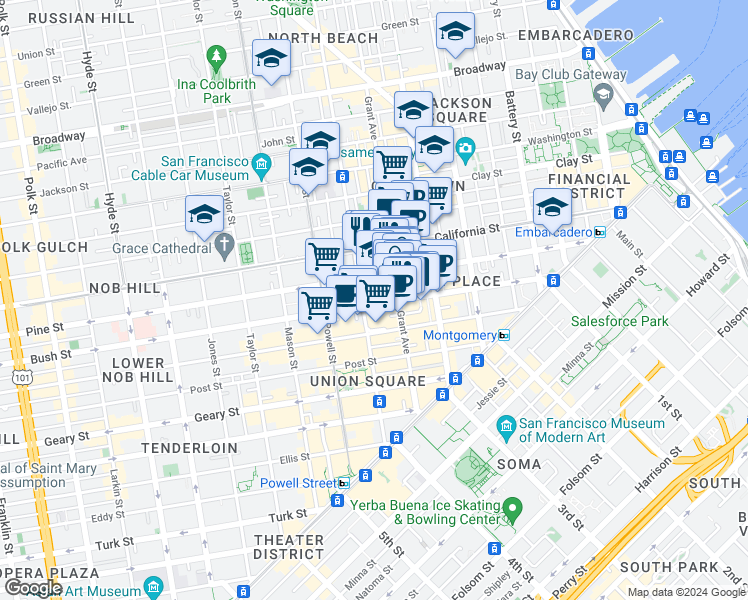 map of restaurants, bars, coffee shops, grocery stores, and more near 433 Grant Avenue in San Francisco