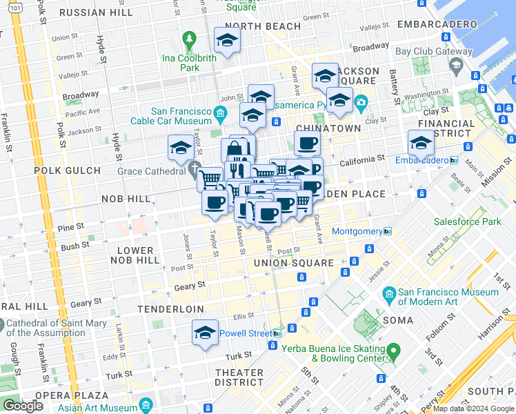 map of restaurants, bars, coffee shops, grocery stores, and more near in San Francisco