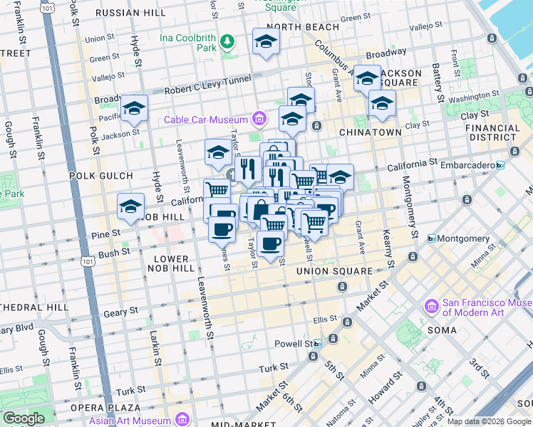 map of restaurants, bars, coffee shops, grocery stores, and more near 817 Mason Street in San Francisco