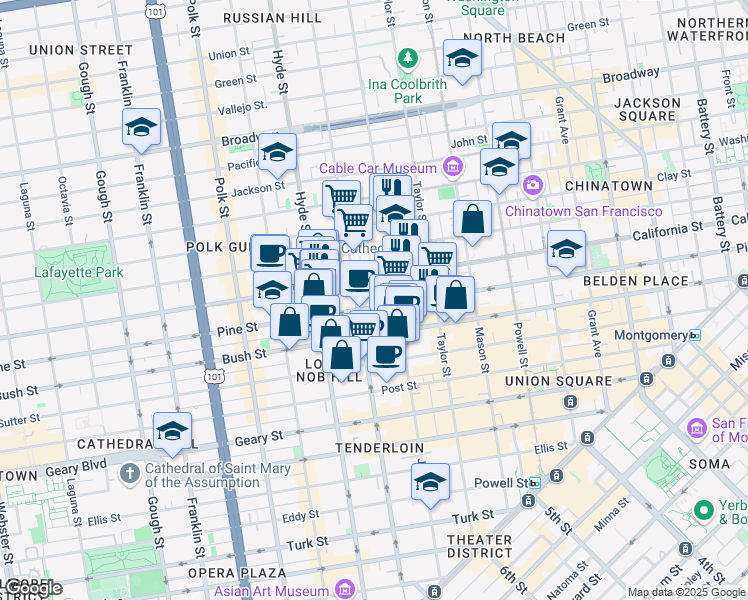 map of restaurants, bars, coffee shops, grocery stores, and more near in San Francisco