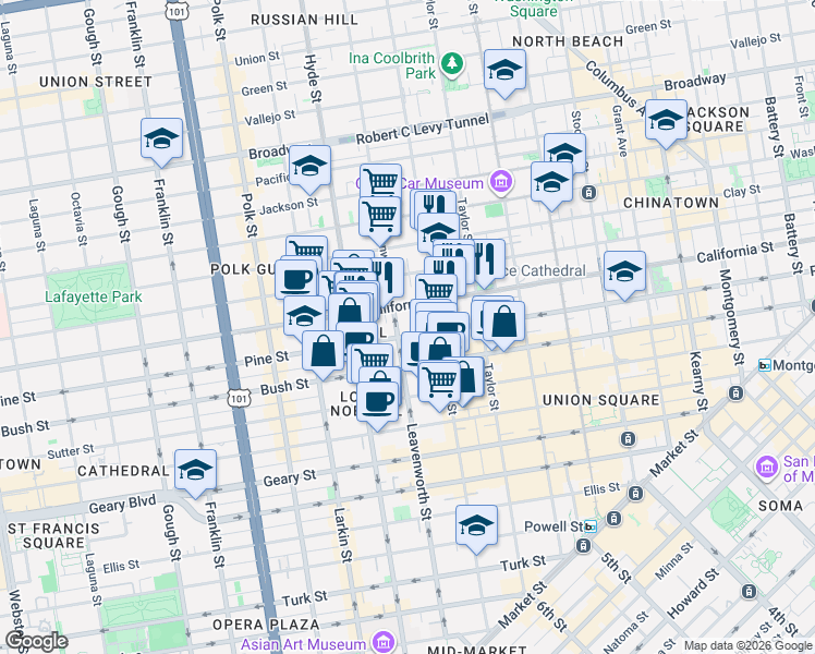 map of restaurants, bars, coffee shops, grocery stores, and more near 1255 California Street in San Francisco