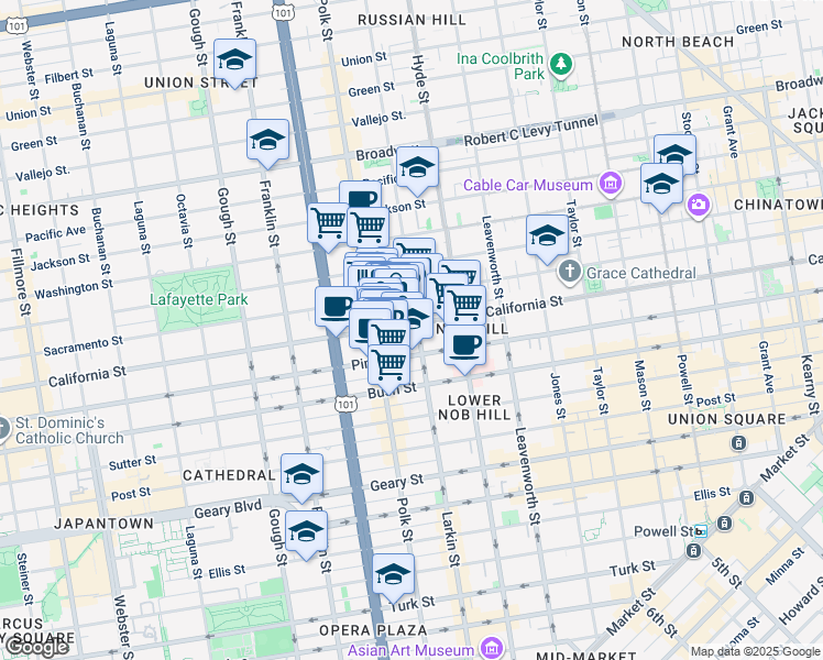 map of restaurants, bars, coffee shops, grocery stores, and more near 1574 California Street in San Francisco