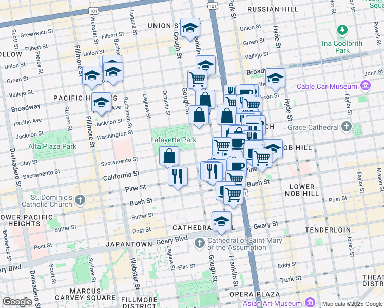 map of restaurants, bars, coffee shops, grocery stores, and more near 1900 Gough Street in San Francisco