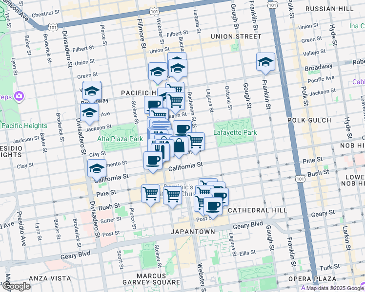 map of restaurants, bars, coffee shops, grocery stores, and more near 2333 Buchanan Street in San Francisco