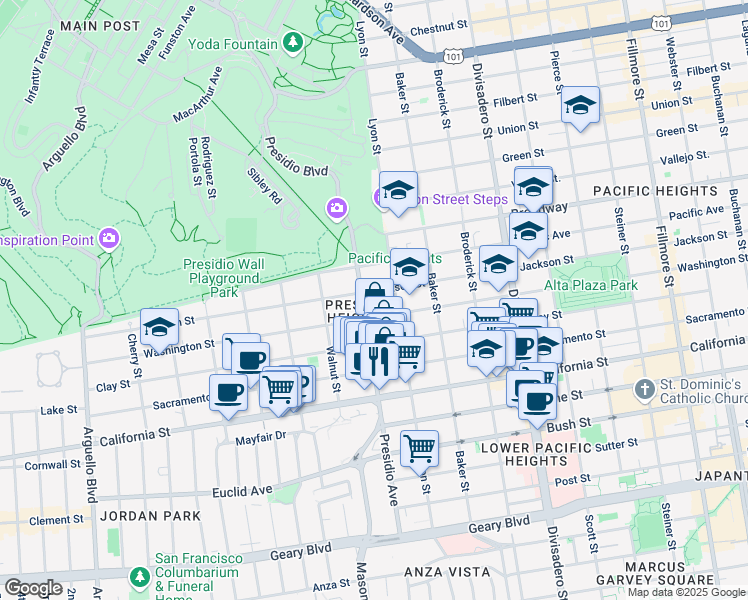 map of restaurants, bars, coffee shops, grocery stores, and more near 3119 Jackson Street in San Francisco