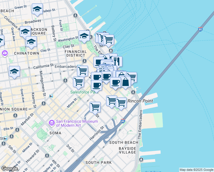 map of restaurants, bars, coffee shops, grocery stores, and more near 221 Main Street in San Francisco