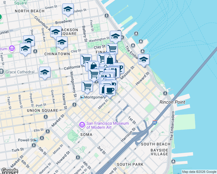 map of restaurants, bars, coffee shops, grocery stores, and more near 50 Fremont Street in San Francisco