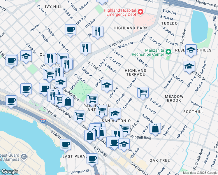 map of restaurants, bars, coffee shops, grocery stores, and more near 1910 East 20th Street in Oakland