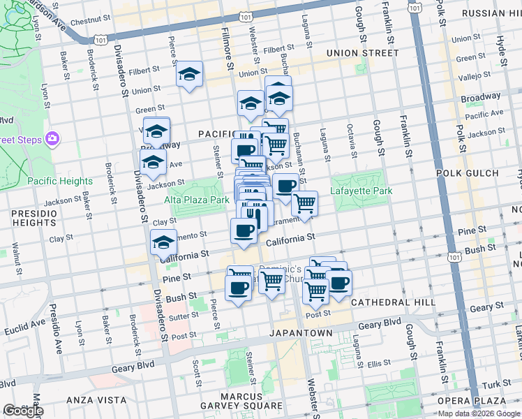map of restaurants, bars, coffee shops, grocery stores, and more near 2475 Clay Street in San Francisco