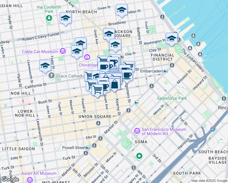 map of restaurants, bars, coffee shops, grocery stores, and more near 237 Kearny Street in San Francisco