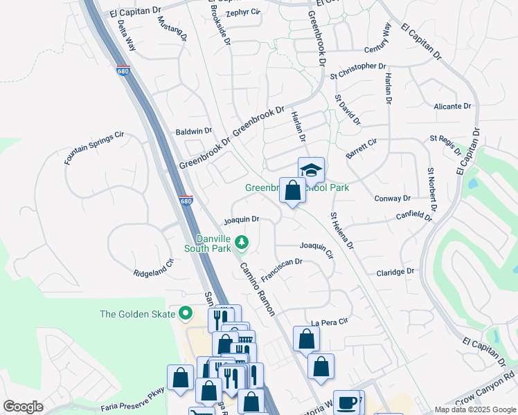 map of restaurants, bars, coffee shops, grocery stores, and more near 31 Junewood Court in Danville