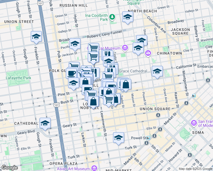 map of restaurants, bars, coffee shops, grocery stores, and more near 1255 California Street in San Francisco