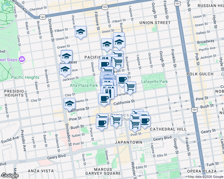 map of restaurants, bars, coffee shops, grocery stores, and more near 2473 Clay Street in San Francisco