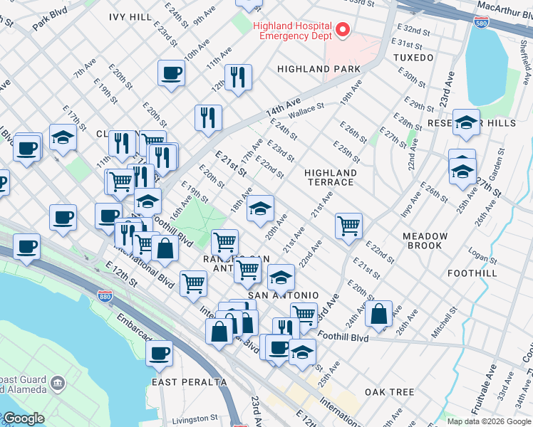 map of restaurants, bars, coffee shops, grocery stores, and more near 1910 East 20th Street in Oakland