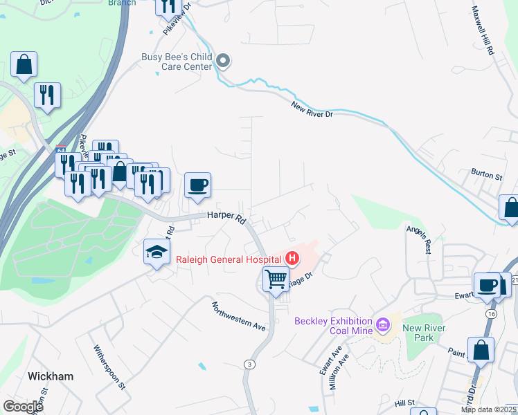 map of restaurants, bars, coffee shops, grocery stores, and more near 206 Sunset Drive in Beckley