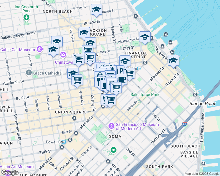 map of restaurants, bars, coffee shops, grocery stores, and more near 548 Market Street in San Francisco