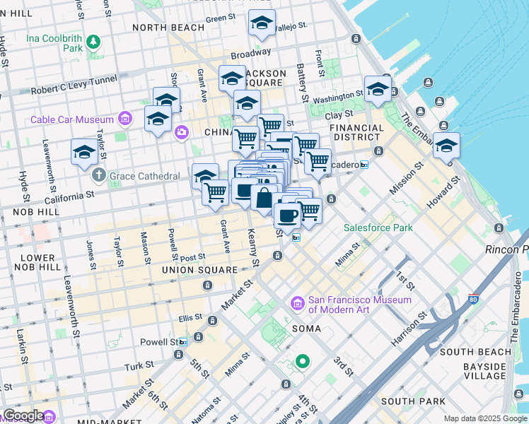 map of restaurants, bars, coffee shops, grocery stores, and more near 382 Bush Street in San Francisco