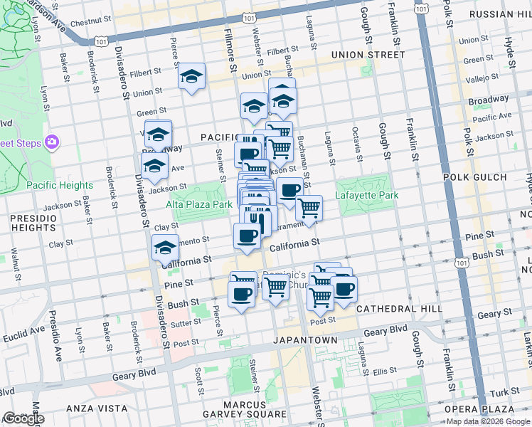 map of restaurants, bars, coffee shops, grocery stores, and more near 2472 Sacramento Street in San Francisco