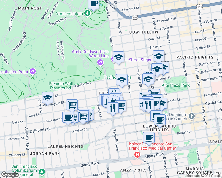 map of restaurants, bars, coffee shops, grocery stores, and more near 3119 Jackson Street in San Francisco